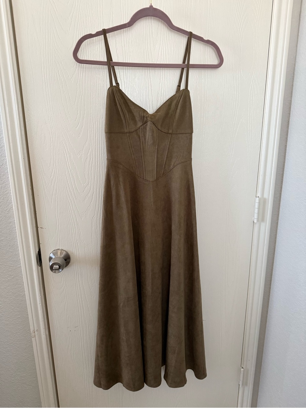 Olive Brown Slip Midi Dress with Corset Seams
